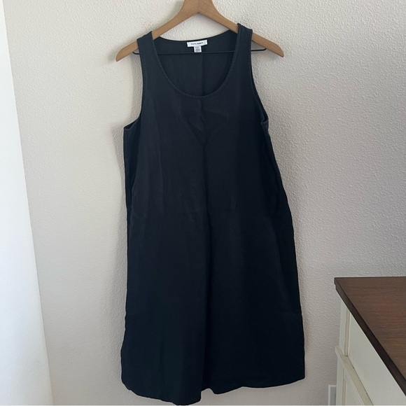 Pure Navy 100% Linen Black Dress Slits Lagenlook Boho Neutral Medium - Picture 1 of 7